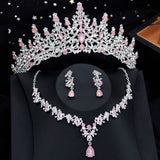 Lianfudai Luxury Silver Color Opal Water Drop Crown Bridal Jewelry Sets Rhinestone Tiaras and Necklace Earrings Wedding Dress Jewelry Set