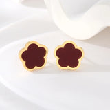 Lianfudai 316L Stainless Steel Black Five Leaf Clover Flower Stud Earrings For Women New Trendy Waterproof Ear Jewelry Girls Gift