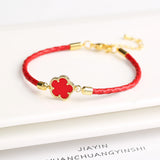 Lianfudai Classic Genuine Leather Woven Natural Stone Five Leaf Flower Charm Bracelet Fashion for Women Girls Party Wedding Jewelry Gift