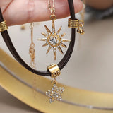 Lianfudai Vintage Bohemia Sun Star Zircon Necklace for Women Leather Necklace Double Layered Star Pendant Chain Choker Fashion Jewelry