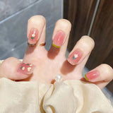 Lianfudai 24pcs French Point Diamond Fake Nails Wearing Artificial Square Head Press On Acrylic Nail Art Pearl Patch Almond False Nails