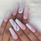 Lianfudai 24Pcs Marble Gradient Long Coffin False Nails Full Cover Nail Tips Press Glue Detachable Wearable Gold Foil Ballerina Fake Nails