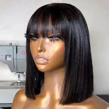 Lianfudai 180% Density Straight Bob Wig With Bangs Short Full Machine Made Human Hair Wig Natural Bob Human Hair Wig With Bangs For Women