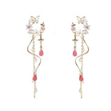 Lianfudai New Bow Knot Pink Crystal Tassel Earrings Women Sweet Gentle Temperament Exquisite Personality Light Luxury Earring Party Gift