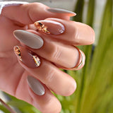 Lianfudai 24Pcs Round Head Almond False Nails Wearable Fake Nails with Golden Line Flower Design Mid-length Press on Nails Manicure