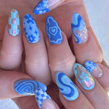 Lianfudai 24Pcs Blue Flower False Nails Almond Cute Heart with French Design Detachable Fake Nails Artificial Press on Nails Tips Art