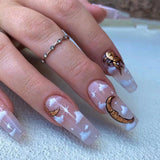 Lianfudai 24Pcs Marble Gradient Long Coffin False Nails Full Cover Nail Tips Press Glue Detachable Wearable Gold Foil Ballerina Fake Nails