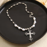 Lianfudai Y2K Pearl Cross Pendant Necklace Hip Hop Retro Women Religious Zircon Chain Necklaces Girls Punk Party Trendy Jewelry Gifts