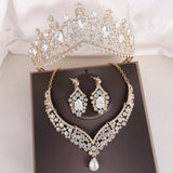 Lianfudai Baroque 3pcs/set Bridal Wedding Crown Princess Queen Water Drop AB Crystal Tiaras Necklace Earrings New Jewelry Sets