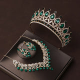 Lianfudai Bridal Headwear Crown Necklace Earrings Four Piece Set of Green Colour Women's Exquisite Party Tiaras