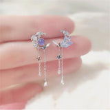 Lianfudai Delicate Cute Zircon Moon Tassel Butterfly Stud Earrings For Women Korean New Fashion Asymmetric Earring Girls Party Jewelry