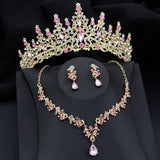 Lianfudai Luxury Silver Color Opal Water Drop Crown Bridal Jewelry Sets Rhinestone Tiaras and Necklace Earrings Wedding Dress Jewelry Set