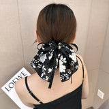 Lianfudai New Classy Women's Floating Ribbon Bow Ponytail Hair Ring Retro Ink Broken Flower Hairband Headband Girls Hair Accessories Gifts