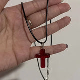 Lianfudai Gothic Vintage Red Glass Cross Pendant Black Bead Rope Chain Necklace For Women Men Y2K Aesthetic EMO Grunge Jewelry Accessories