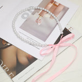 Lianfudai 2024 Accessories Fashion Imitation pearl  Beaded Clavicle Chain Long Ribbon Bow-knot Choker Short Neck jewelry