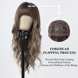 Lianfudai  Brown Highlight Long Wave Wigs for Women Synthetic Wig with Bangs Ombre Mixed Color Natural Looking Hair for Daily