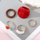 Lianfudai 5Pcs/set Vintage Red Rings for Woman Creative Geometric Ring Enamel Resin Ring Wedding Jewelry Fashion Female Accessories 2024