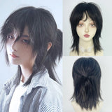 Lianfudai Mullet Head Wig Short Synthetic Straight Black Fluffy Natural Wolf Tail Hair Men and Women Wig for Daily Party Cosplay