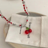 Lianfudai Korean Fashion Retro Goth Beaded Cherry Pendant Necklace For Women Egirl Aesthetic Grunge Y2k 90s Jewelry Accessories