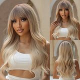 Lianfudai Orange Blonde Ombre Long Wavy Synthetic Wigs with Bangs Party Cosplay Wig for Women Natural Fake Hair Heat Resistant