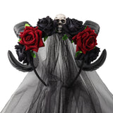 Lianfudai Halloween Skull Headband Rose Flower Crown Headwear Hair Accessorie with Mask Party Hair Hoop Carnival Hair Ornaments Female