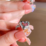 Lianfudai Pink Love Heart Rings for Women Opening Personality Thorn Finger Ring Fashion Sweet Girls Jewelry Wedding Party Accessories