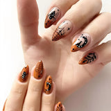 Lianfudai 24pcs Halloween Funny Spider Fake Nails Press On Nails Full Cover Orange Edge French False Nails Short Almond Shaped Nail Tips