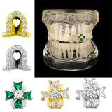 Lianfudai Single/Double Hollow Zircon Teeth Grillz 14K Gold Plated CZ Stone Green Flower Design Tooth Caps For Women Jewelry