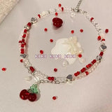 Lianfudai Double Layer Red Zircon Rose Pendant Necklaces Y2K Layered Flower Stone Chain Necklace Irregular Floral Aesthetic Jewelry Gifts