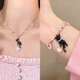 Lianfudai Black Cat Pink Star Dopamine Beaded Necklace Sisters Bracelet Y2k Spice Cute Versatile Accessories Design Sweet Collar Chain