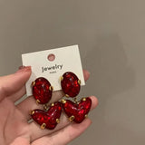 Lianfudai Red Heart Glass Pendants Earrings European American Style Personalized Fashion Stud Earrings Girls Travel Wedding Accessories