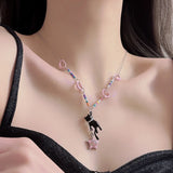 Lianfudai Black Cat Pink Star Beaded Necklace for Women Summer Y2K Spicy Girl Cute and Versatile Neckchain Design with Sweet and Cool Coll