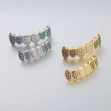 Lianfudai Hip Hop Colorful Full Iced Teeth Grillz Caps Bling Cubic Zircon Micro Pave Top & Bottom Charm Grills Set For Men Women Jewelry