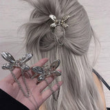 Lianfudai Y2k Metal Mini Butterfly Hair Claws for Women Ladies Black Silver Small Hair Clips with Tassel Chains Hairpins Hair Accessories