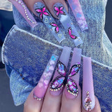 Lianfudai 24Pcs Gradient Long Ballet False Nails Butterfly Designs Fake Nails with Rhinestone Wearable Coffin Nail Tip Press on Nails