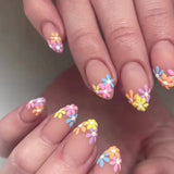 Lianfudai 24Pcs Short Almond False Nails with Glue Colorful Flowers Design Fake Finger   Nails Wearable Artificial Oval Press on Nails