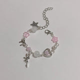 Lianfudai New Korean Pink Love Heart Beaded Bracelets for Women Sweet Temperament Design Bracelet Party Jewellery Gifts