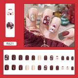 Lianfudai 24Pcs French With Drill Short Fake Nails Press On Nail Tips Artificial Full Cover Cute Bow Wearing False Nails Art Free Shipping