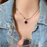 Lianfudai Double Layer Red Zircon Rose Pendant Necklaces Y2K Layered Flower Stone Chain Necklace Irregular Floral Aesthetic Jewelry Gifts