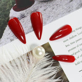 Lianfudai Stiletto Mirror Red Light Gossy Red Color Fingernails Sharp Fake Nails Art Medium Size Press On Nails Wholesale With Tabs