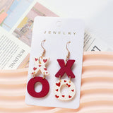 Lianfudai A Valentine's Day Acrylic New Earring XO Wine Red Color Collision Heart Print Versatile Daily Earring