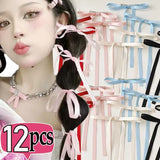 Lianfudai 2-12pcs Silk Sash Long Bow Hair Clip Trend Ribbon Hairpins Barrettes Headband Women Girls Headwear Accessories Wedding Jewelry