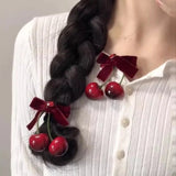 Lianfudai Cherry Red Bow Velvet Texture Elegant Hair Clip Fashionable Versatile Edge Hairpin Sweet Cool Headwear Girl Hair Accessories