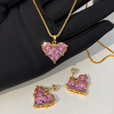 Lianfudai Pink Love Heart Zircon Necklace Earring Set For Women 2024 New Fashion Romantic Crystal Pendant Necklace Jewelry Exquisite Gift