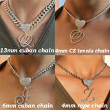 Lianfudai New A-Z Cursive Letter Heart Pendant Iced Out Cuban Necklace For Women Initial Zircon Link Chain Necklace Choker Hip hop Jewelry