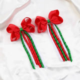 Lianfudai  2Pcs Christmas Hair Bow Clips For Women Girls Long Tassel Hairpins Solid Ribbon Red Hairgrips Headwear Hair Accessories