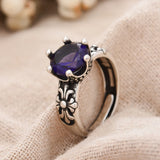 Lianfudai Best Sell Vintage Flower Shiny Purple Crystal Thai Silver Lady Party Ring Original Jewelry For Women Christmas Gifts