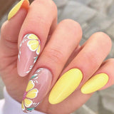 Lianfudai 24Pcs Glitter Gold Lines French Fake Nails with Almond Design Mid-length Droplet Shape False Nails Oval Press on Nail Tips