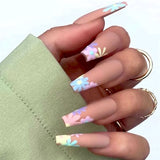 Lianfudai current nail trends 2023  24Pcs Long Ballet False Nails with Colorful Flower Designs Wearable French Fake Nails Coffin Full Cover Nails Set Press On