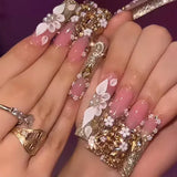 Lianfudai 24Pcs Gold Flower False Nails Simple with Rhinestones French Design Wearable Fake Nails Full Cover Press on Nails Tips Art